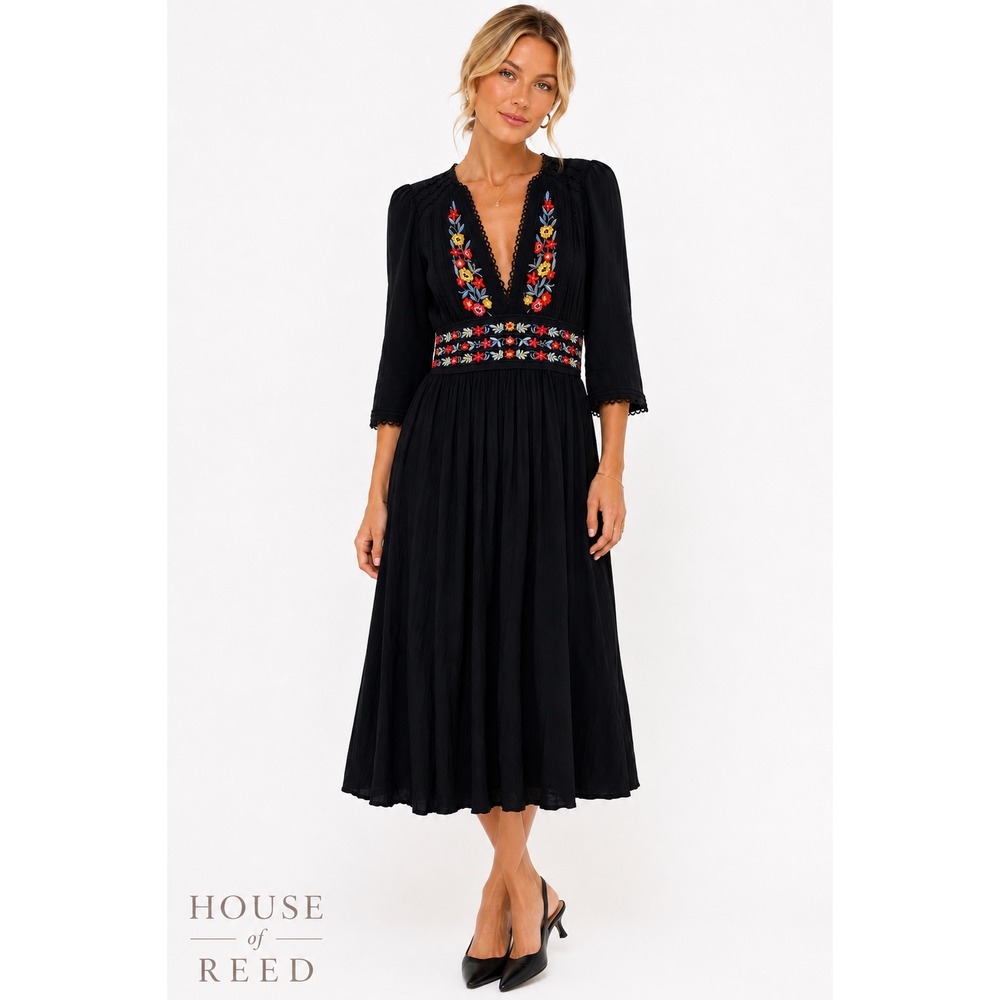 Free People Heartbreaker Embroidered Midi Dress Black Floral V-Neck Boho Medium
